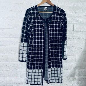 Anne Klein Black and Ivory Tattersall Plaid Cardigan size M